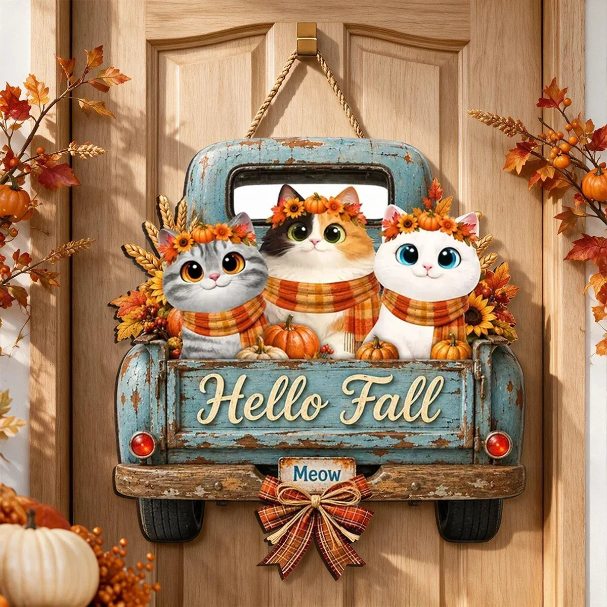 Personalized Wooden Cat Sign with Teal Truck | Rustic Fall Decor Gift
