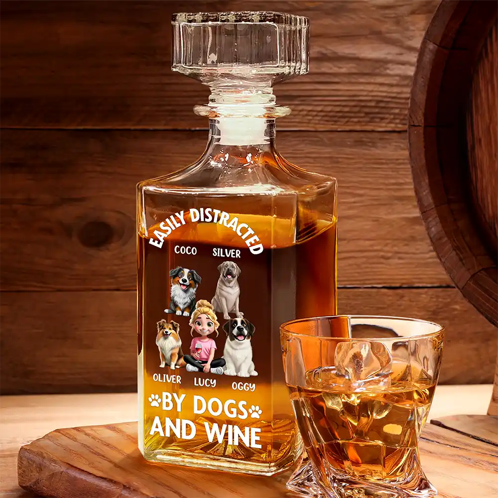 Easily Distracted By Dogs and Wine – Personalized Square Whiskey Bottle – Gift for Dog Lovers Whiskey Bottle MagicInPrints