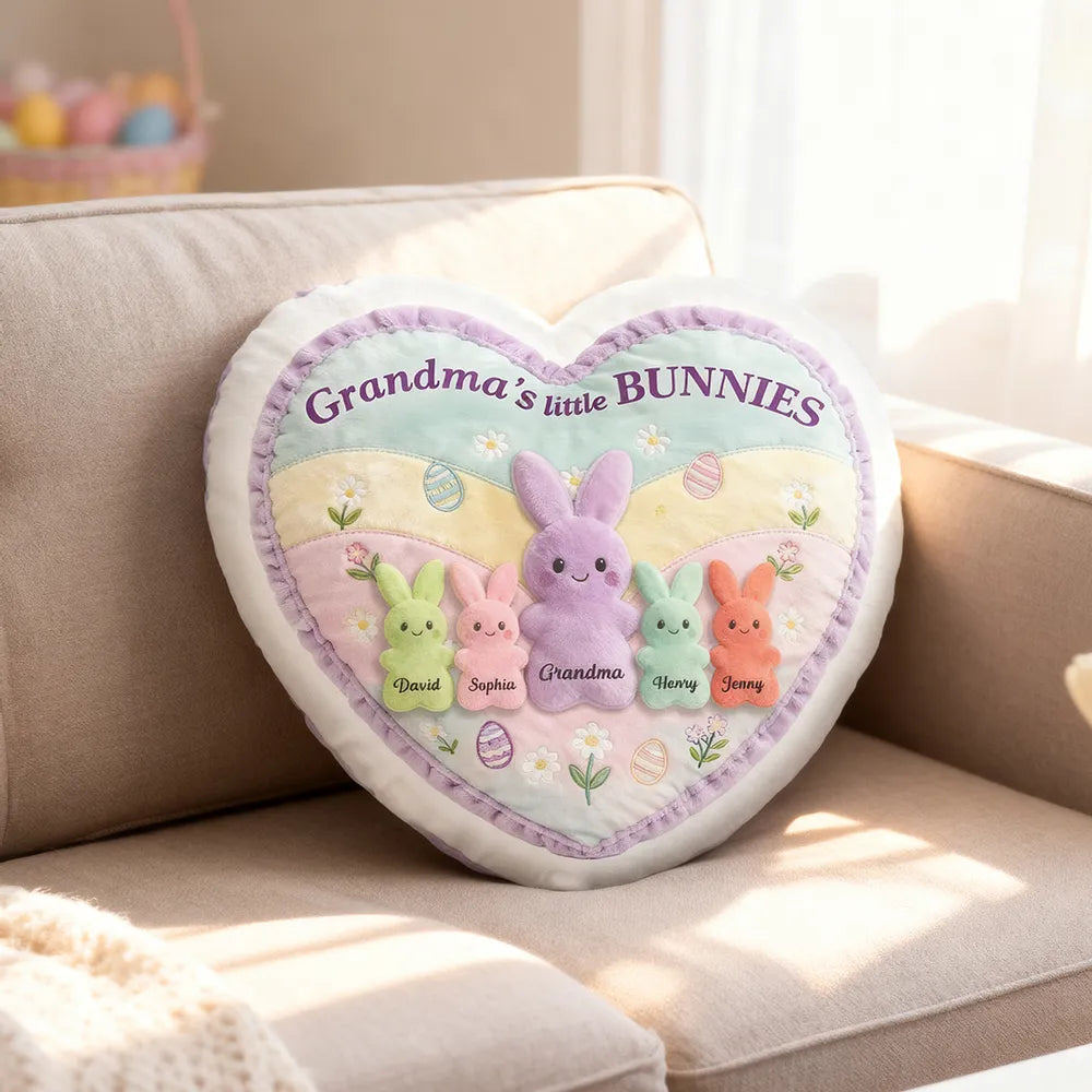 Personalized Heart-Shaped Pillow for Grandma with Bunny Design - Easter Gift Pillow MagicInPrints