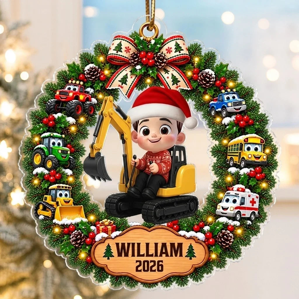 Personalized Acrylic Christmas Ornament for Grandson with Excavator