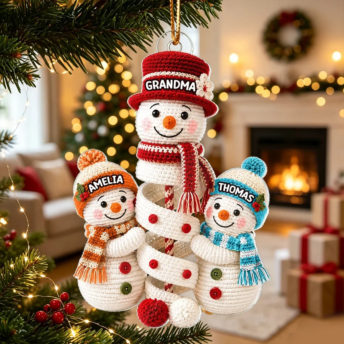 Personalized Acrylic Ornament Snowman Family Scene Gift for Grandma