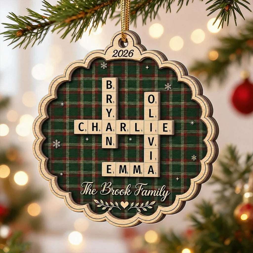 Personalized 2-Layer Wooden Ornament Family Crossword Gift for Grandparents