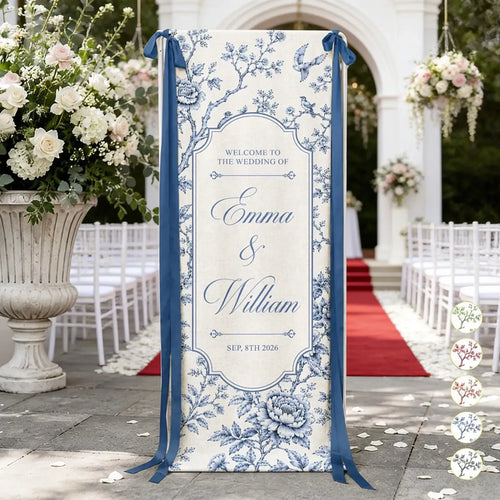 Personalized Wedding Welcome Banner Custom Name Blue Floral Birds Gift for Couples