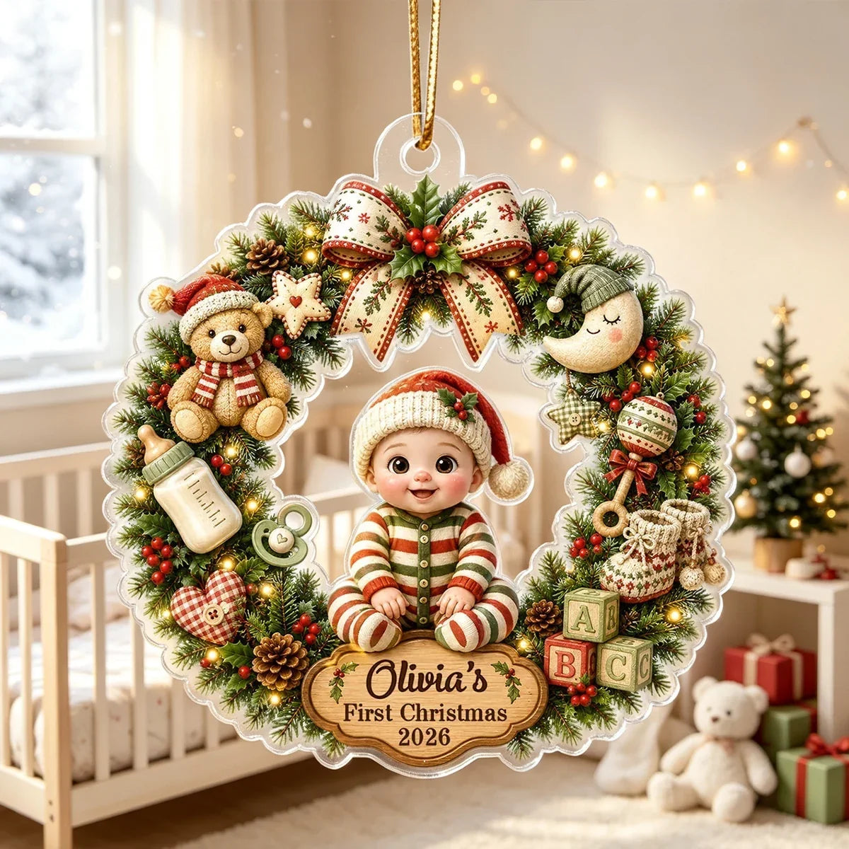 Personalized Acrylic Christmas Ornament Cute Baby Wreath Gift for New Parents