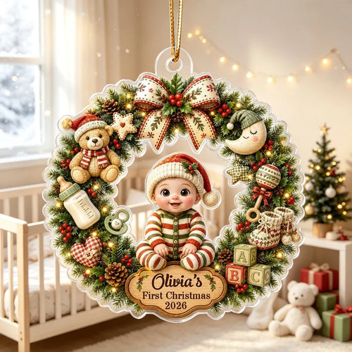 Personalized Acrylic Christmas Ornament Cute Baby Wreath Gift for New Parents