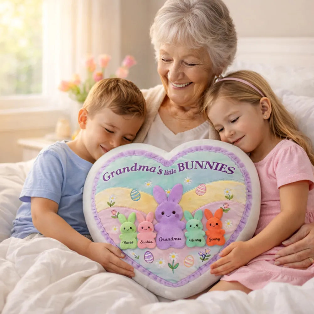 Personalized Heart-Shaped Pillow for Grandma with Bunny Design - Easter Gift Pillow MagicInPrints