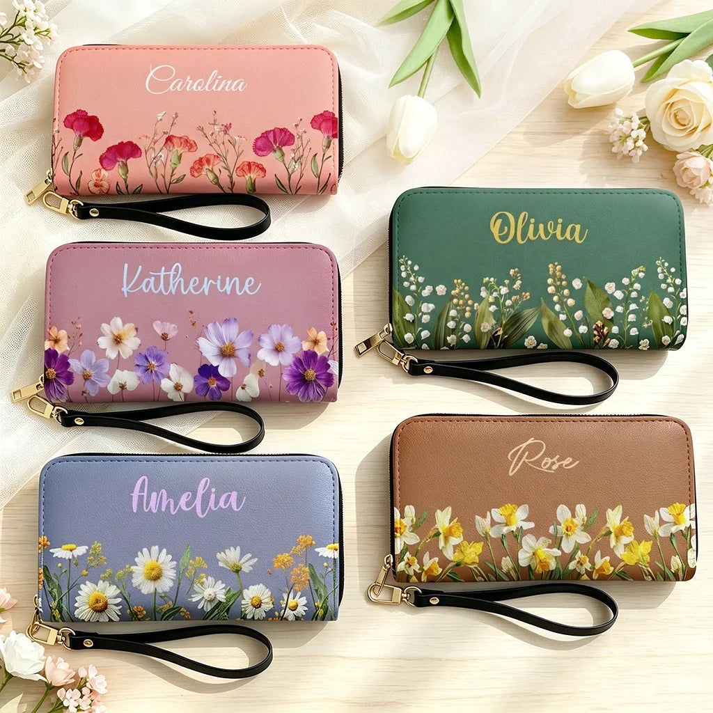 Personalized Leather Long Wallet with Birth Flower for Mom, Grandma, Sister