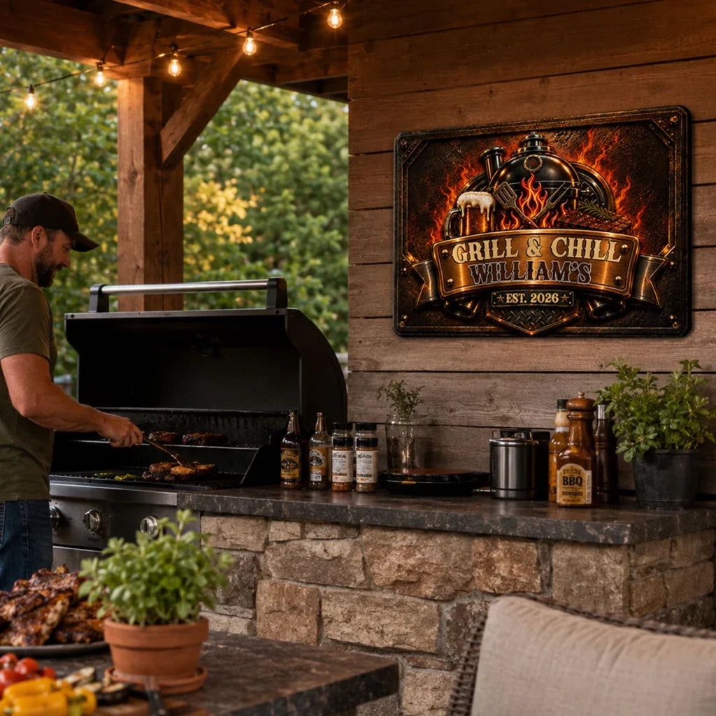 Personalized Rustic Iron Grill Sign Custom Name Gift for Dad