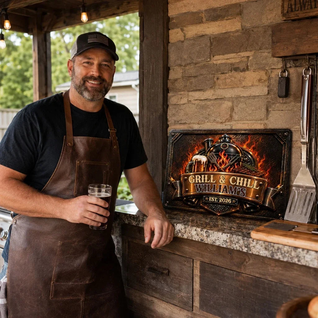 Personalized Rustic Iron Grill Sign Custom Name Gift for Dad