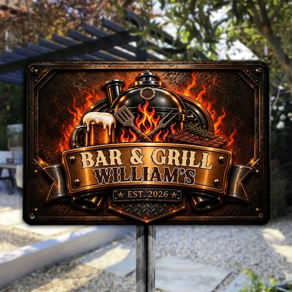 Personalized Rustic Iron Grill Sign Custom Name Gift for Dad