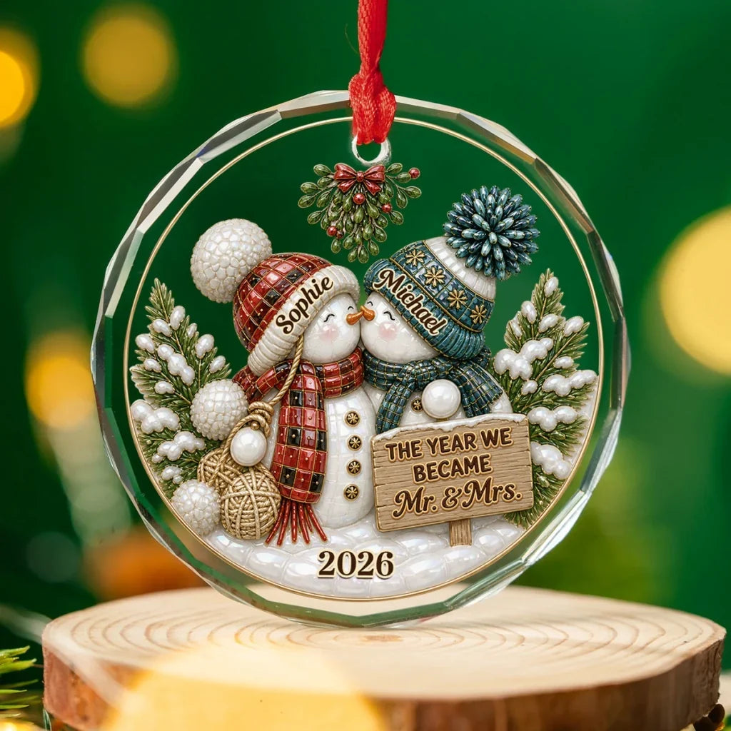 Personalized Crystal Ornament Kissing Snowmen Couples Gift