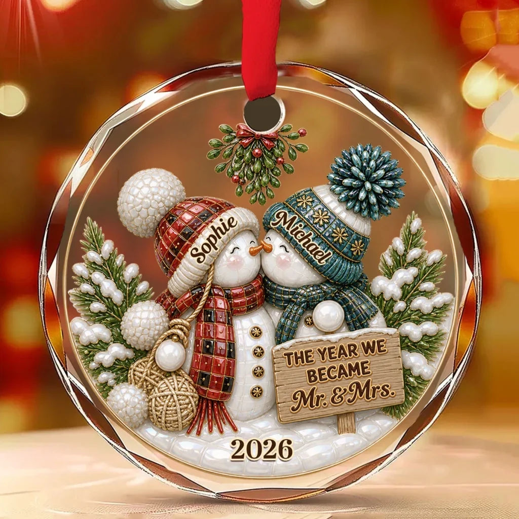 Personalized Crystal Ornament Kissing Snowmen Couples Gift