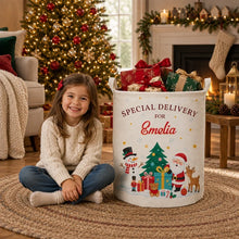 Load image into Gallery viewer, Personalized Round Storage Basket Red Green Santa Scene Gift for Family
