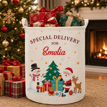 Load image into Gallery viewer, Personalized Round Storage Basket Red Green Santa Scene Gift for Family
