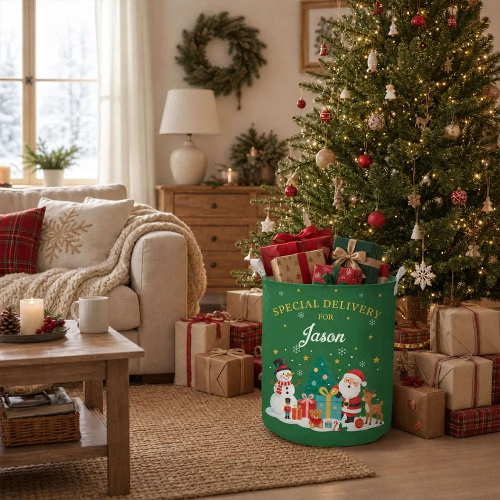 Personalized Round Storage Basket Red Green Santa Scene Gift for Family