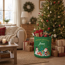 Load image into Gallery viewer, Personalized Round Storage Basket Red Green Santa Scene Gift for Family
