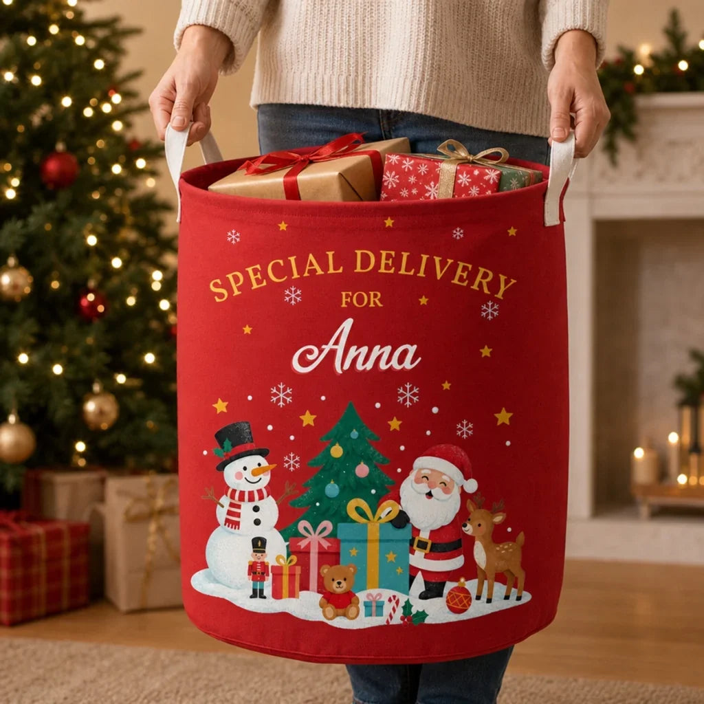 Personalized Round Storage Basket Red Green Santa Scene Gift for Family