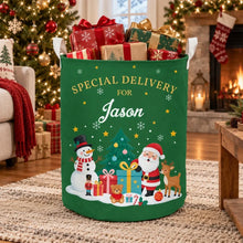Load image into Gallery viewer, Personalized Round Storage Basket Red Green Santa Scene Gift for Family
