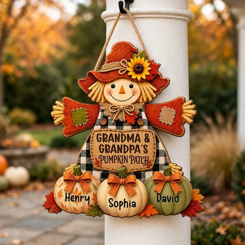 Personalized Wooden Sign with Scarecrow & Pumpkins Gift for Grandparents