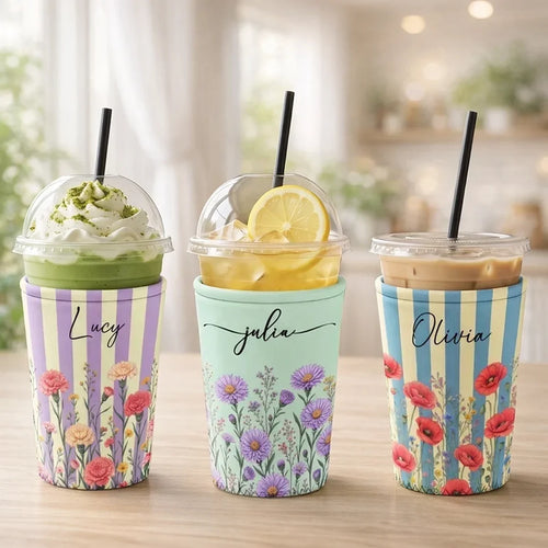 Personalized Neoprene Cup Sleeve Custom Floral Gift for Mom