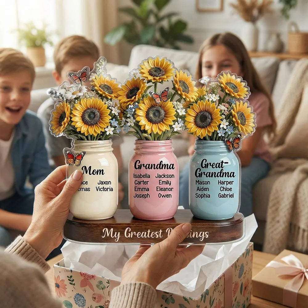 Personalized Mason Jar Flower Arrangement for Mom, Grandma, Great-Grandma - Sentimental Gift Plaque MagicInPrints