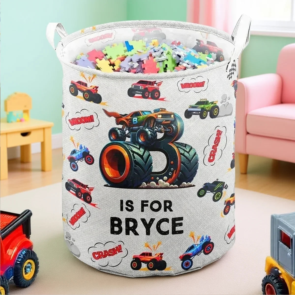 Personalized Round Storage Basket with Monster Trucks for Kids