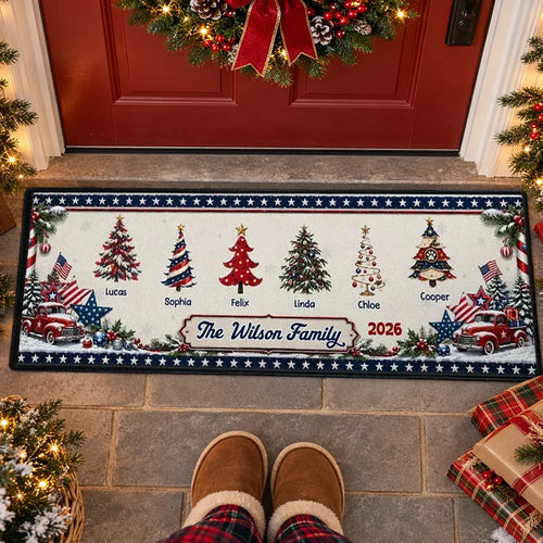 Personalized Christmas Doormat Vintage Trucks Trees Family Gift