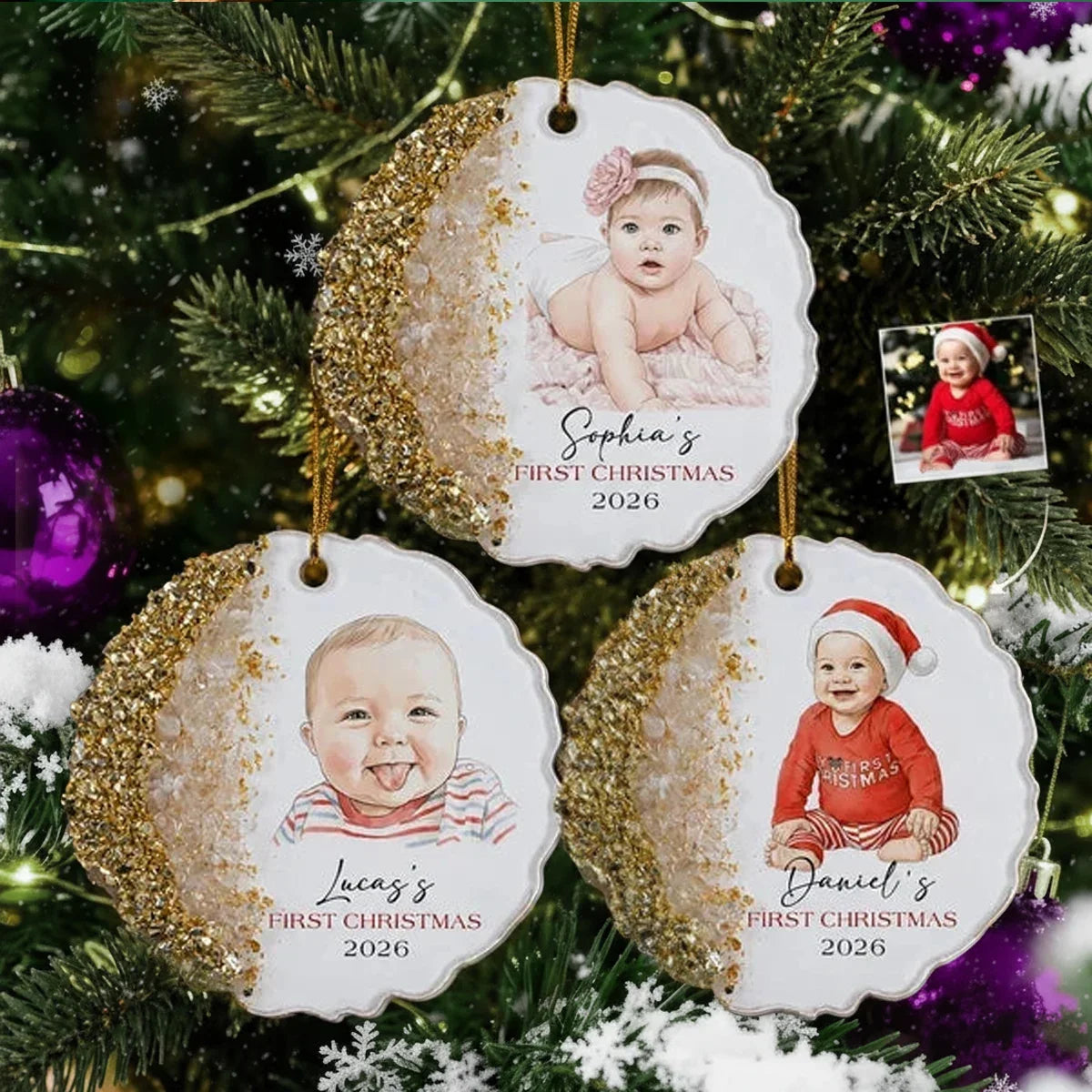 Personalized Baby Watercolor Portrait Ornament for New Parents Christmas Gift