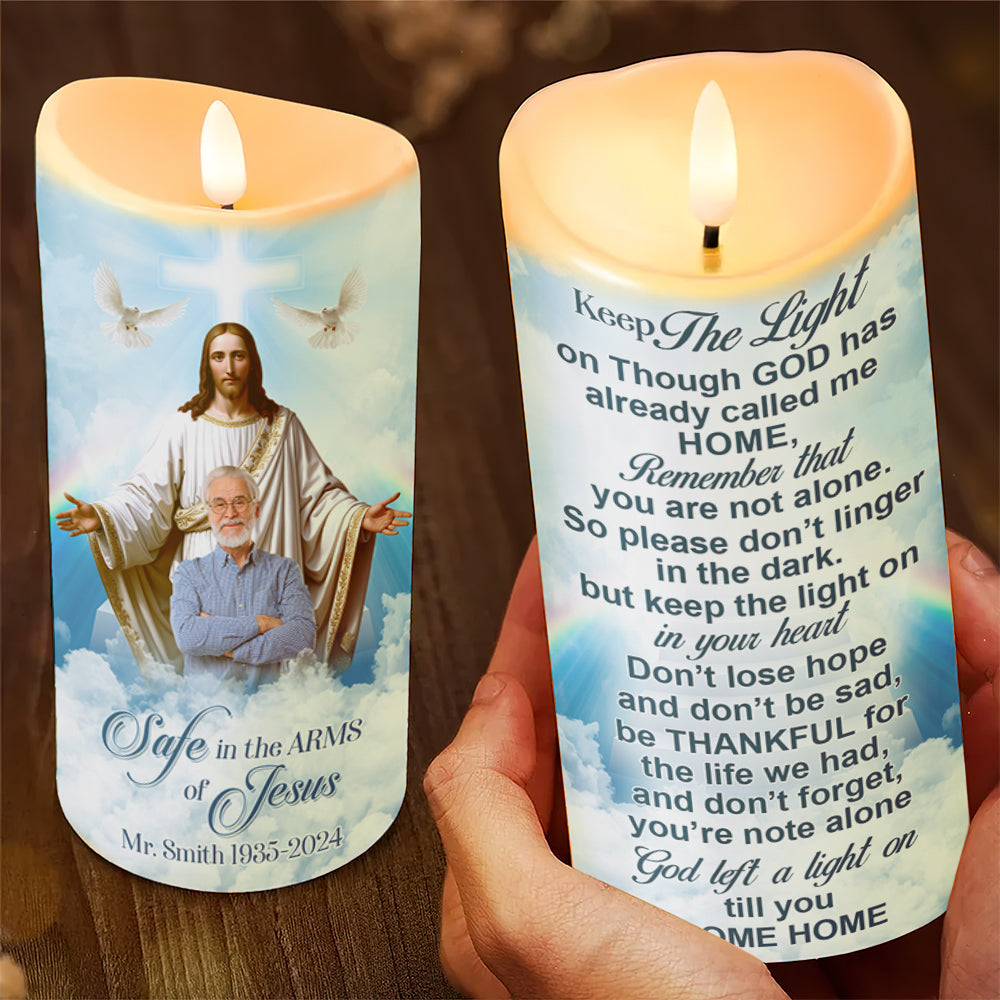 Personalized Safe In The Arms Of Jesus Candle - Custom Photo Memorial Gift Led Candle PopCulturePrints