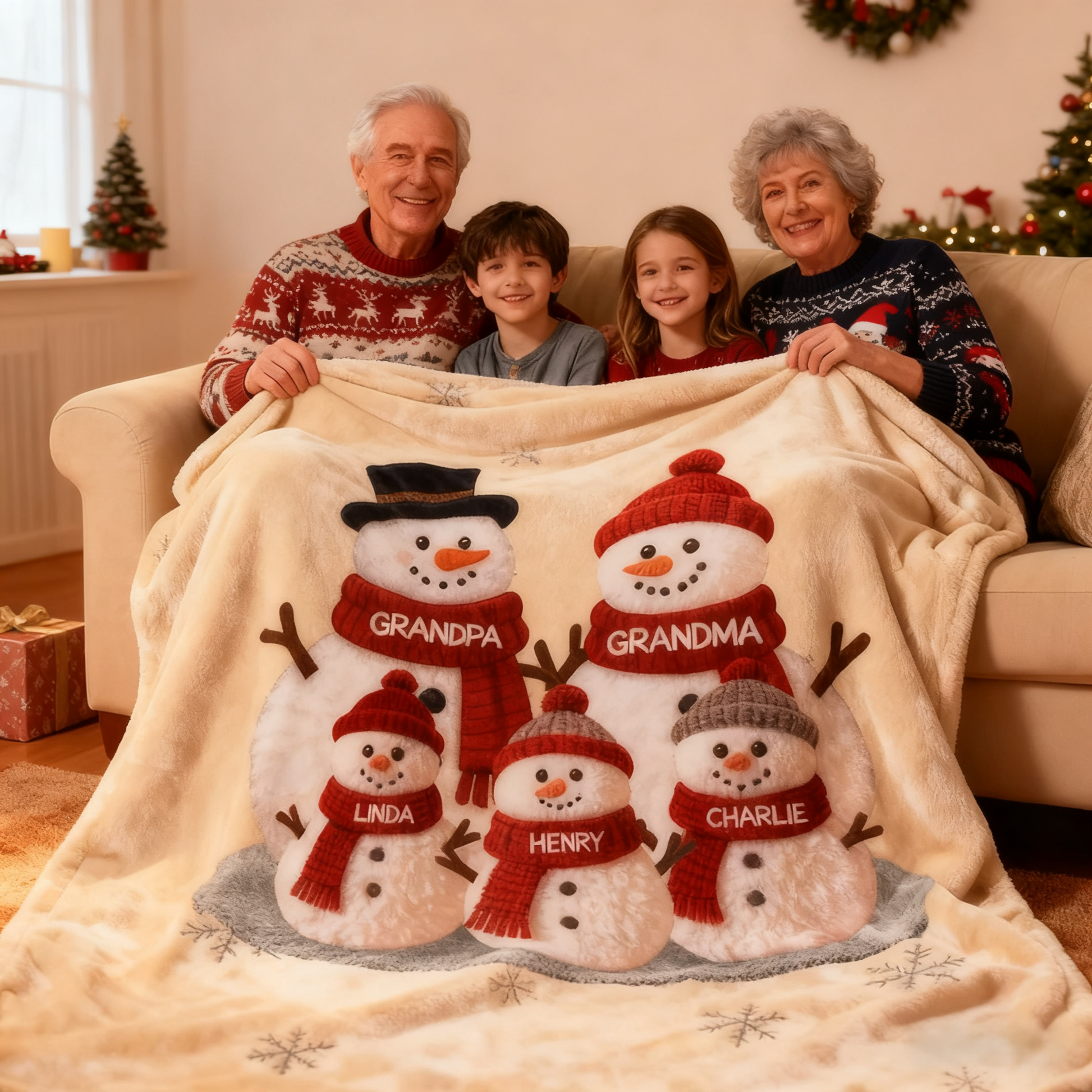 Personalized Family Christmas Blanket Snowman Design for Grandparents - Holiday Decor Pillow or Blanket MagicInPrints