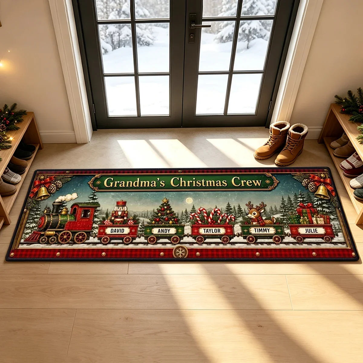 Personalized Snowy Christmas Train Doormat Unique Gift for Grandma