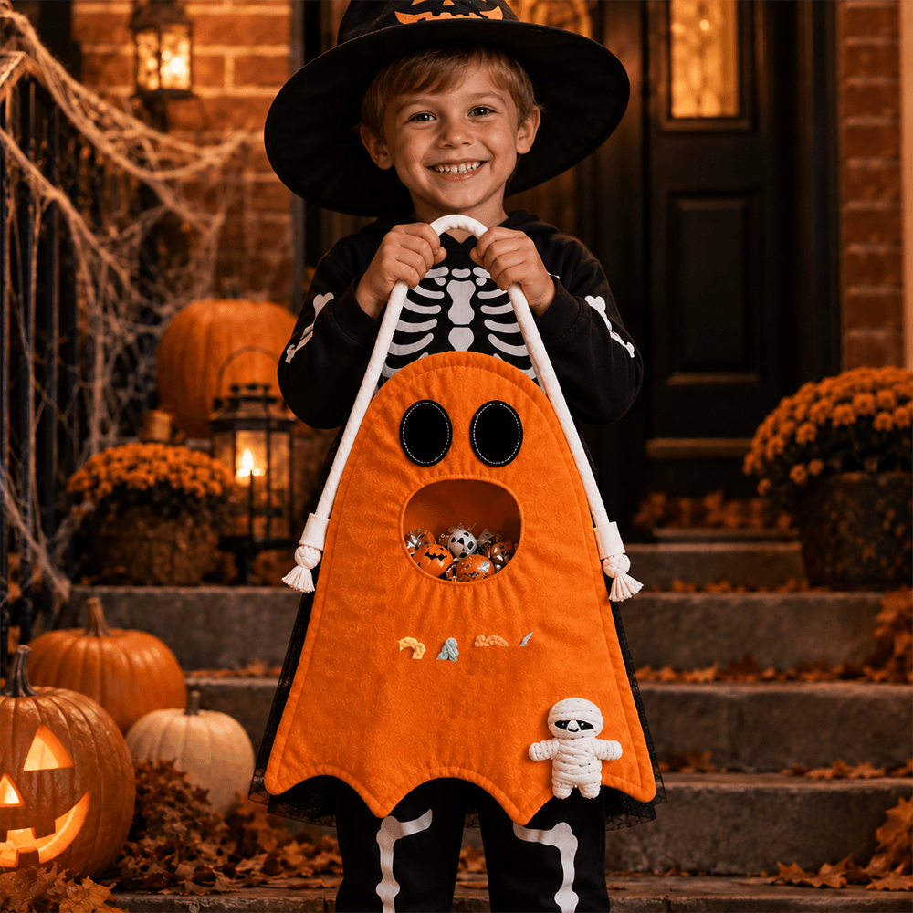 Personalized Crochet Ghost Trick-or-Treat Bag for Kids with Custom Name & Halloween Icon