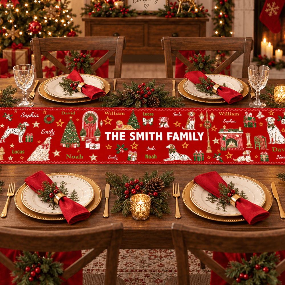 Personalized Christmas Table Runner Custom Family Name Holiday Decor