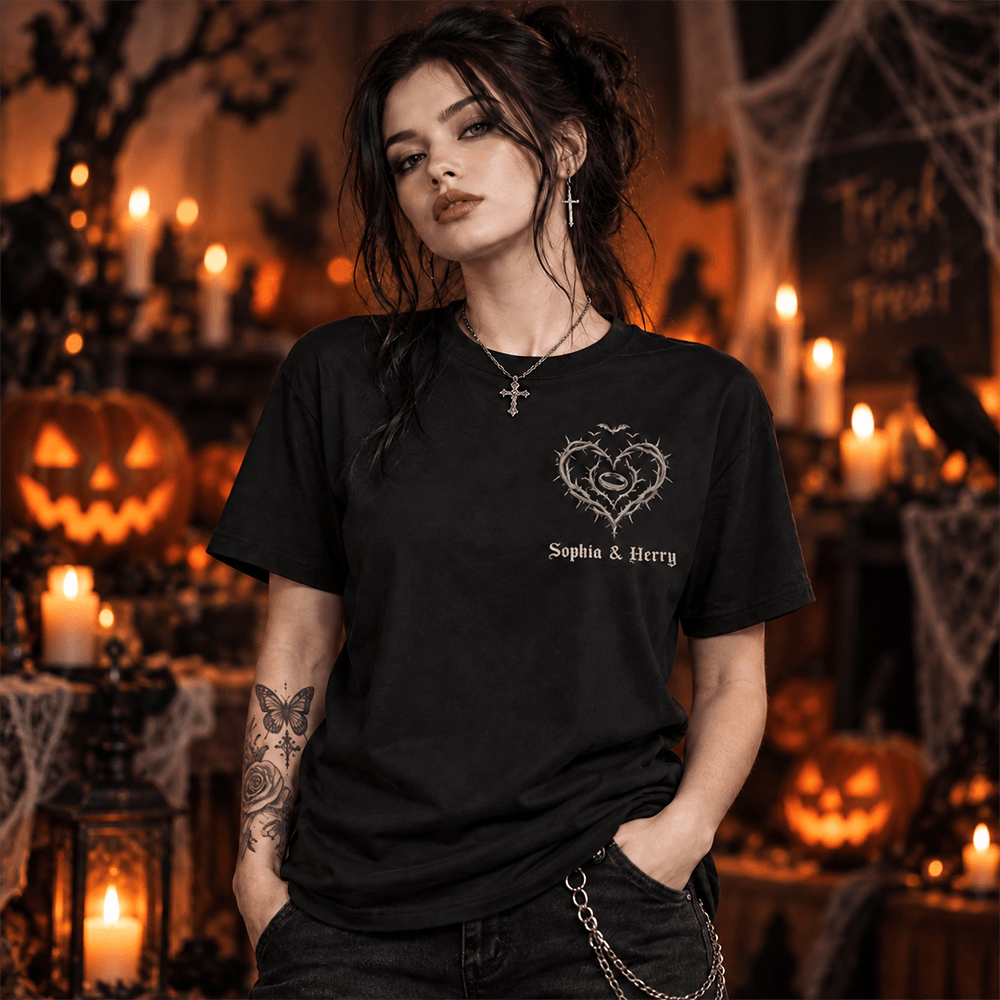 Personalized Gothic Skeleton Couple T-Shirt Custom Names Gift