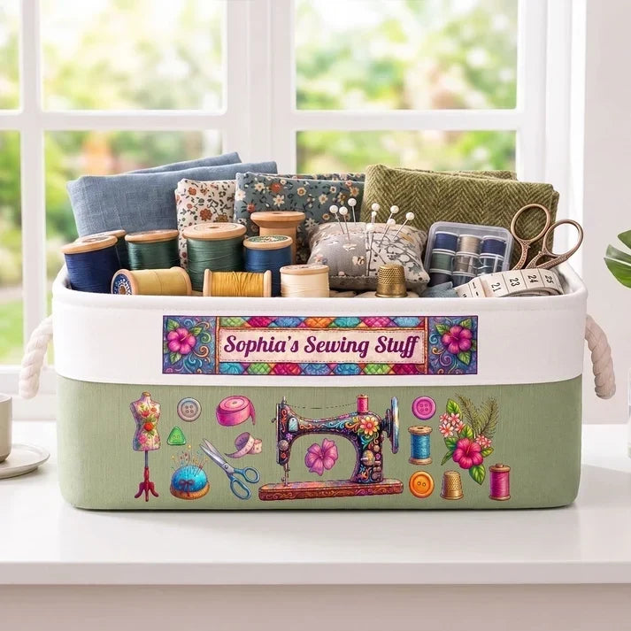 Personalized Cotton Linen Rope Sewing Basket Gift for Mom