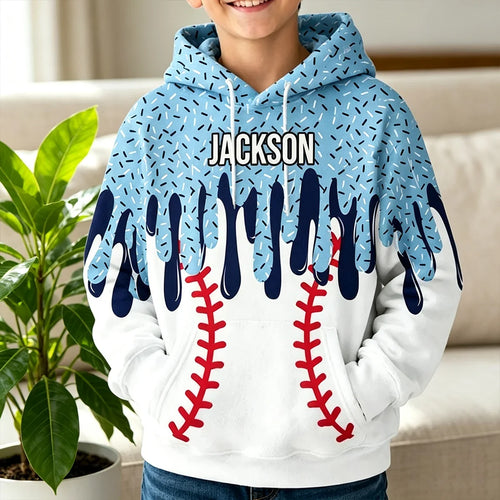 Personalized Youth Flannel Hoodie Custom Baseball Drip Art Gift