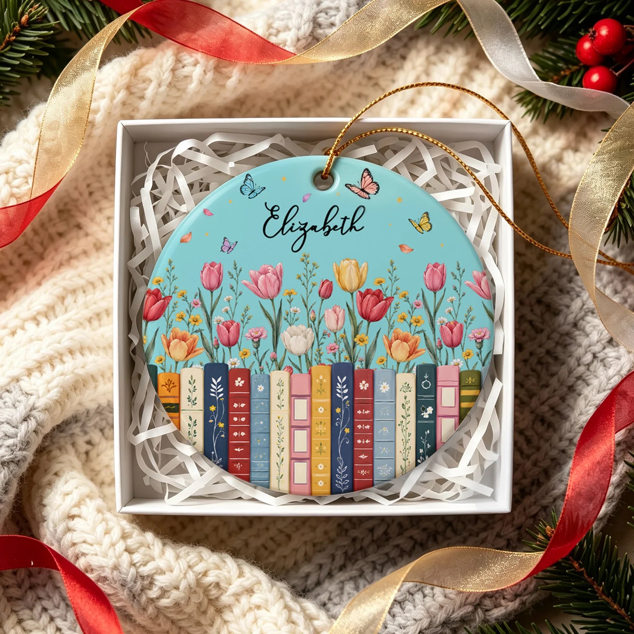 Personalized Aqua Floral Ceramic Ornament Gift for Book Lovers