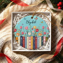Load image into Gallery viewer, Personalized Aqua Floral Ceramic Ornament Gift for Book Lovers

