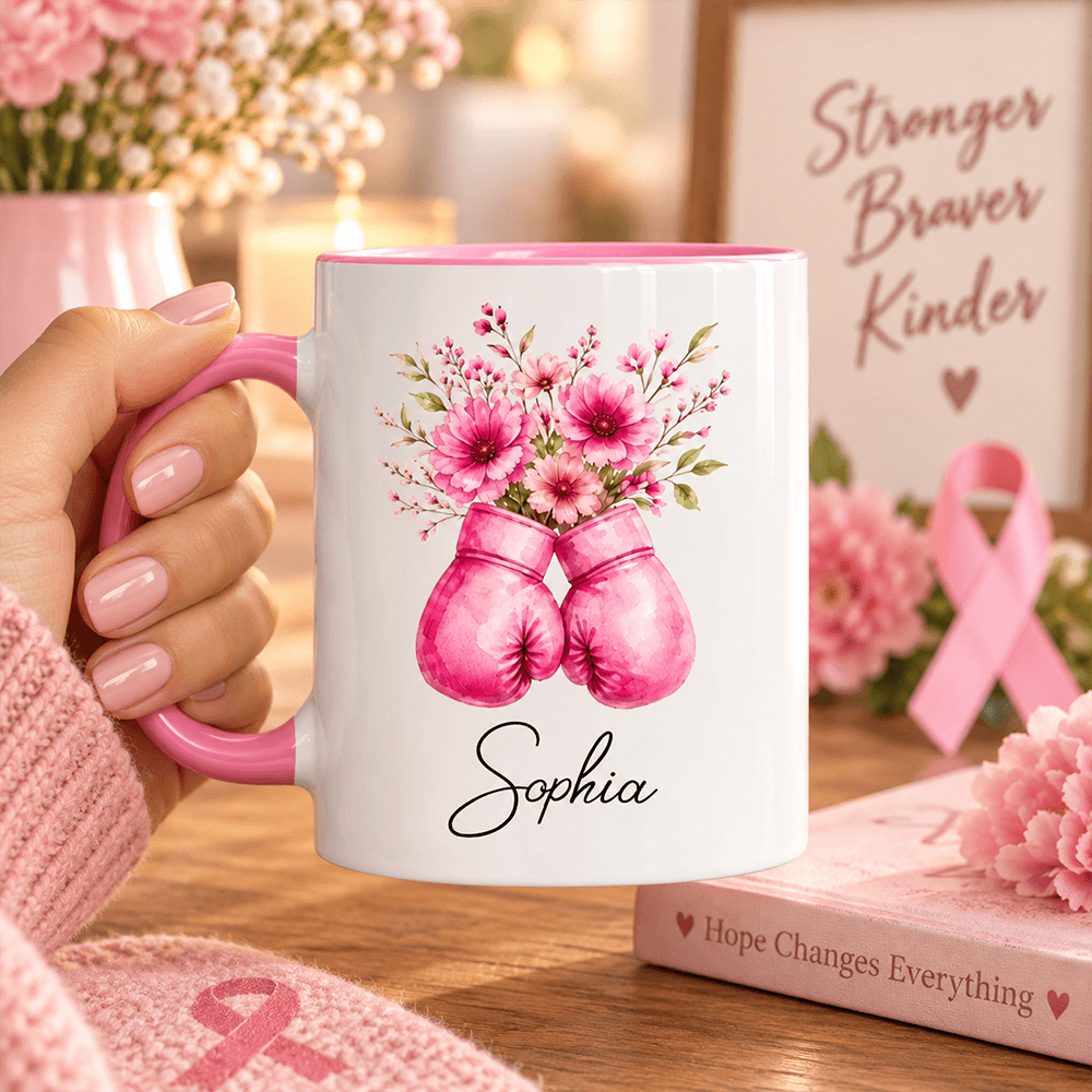 Personalized Floral Boxing Gloves Mug Gift for Her - Breast Cancer Support
