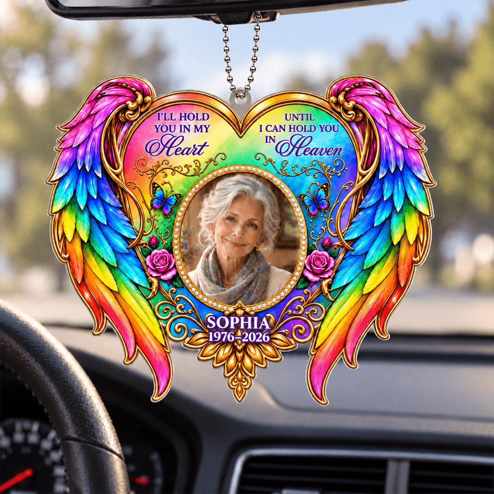 Personalized Acrylic Car Hanger with Rainbow Angel Wings Remembrance Gift