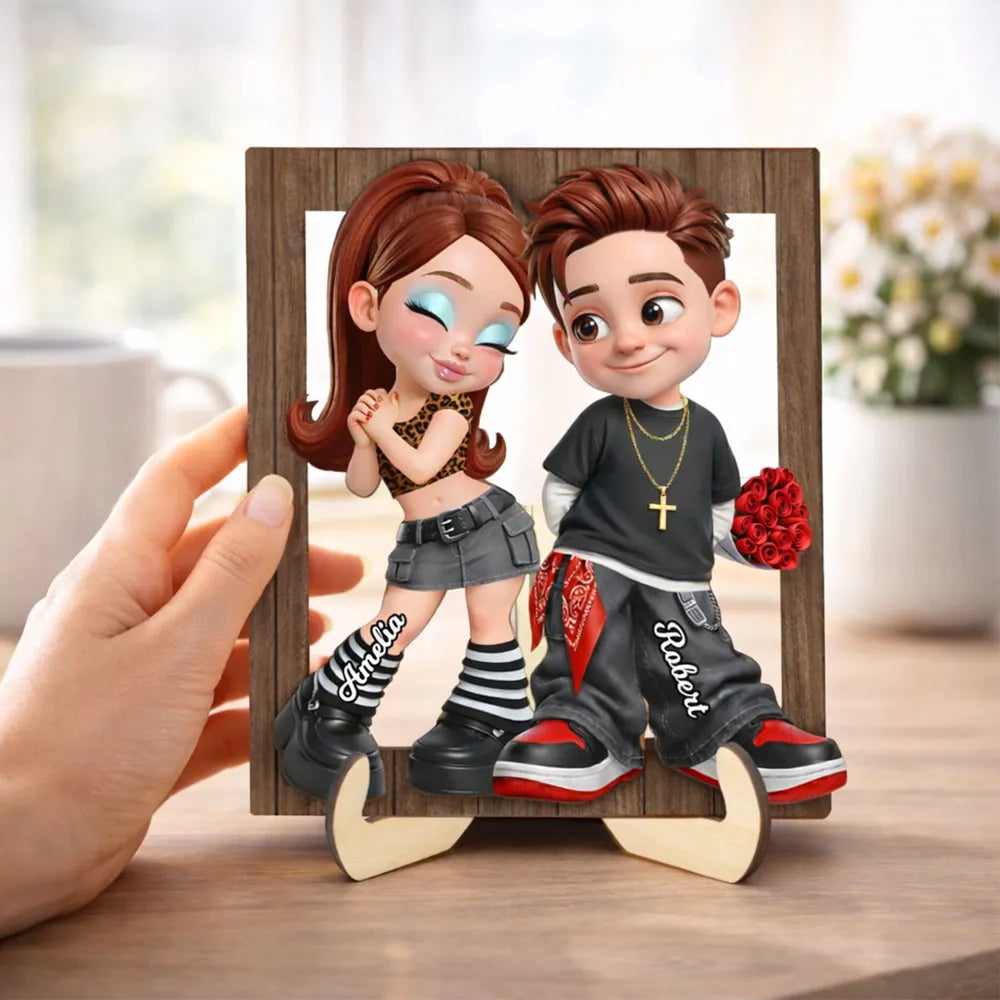 Custom Cartoon Couple Wooden Frame for Romantic Gift - Personalized Names Plaque MagicInPrints