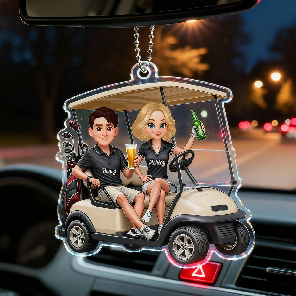 Custom Cartoon Golf Cart Couple Car Ornament - Personalized Gift for Golf Lovers Car Hanger MagicInPrints