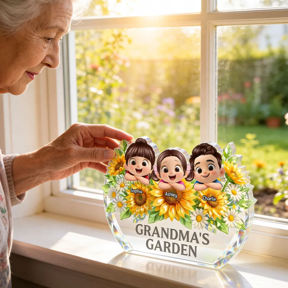 Personalized Crystal Keepsake for Grandma - Custom Cartoon Kids with Sunflowers Plaque MagicInPrints
