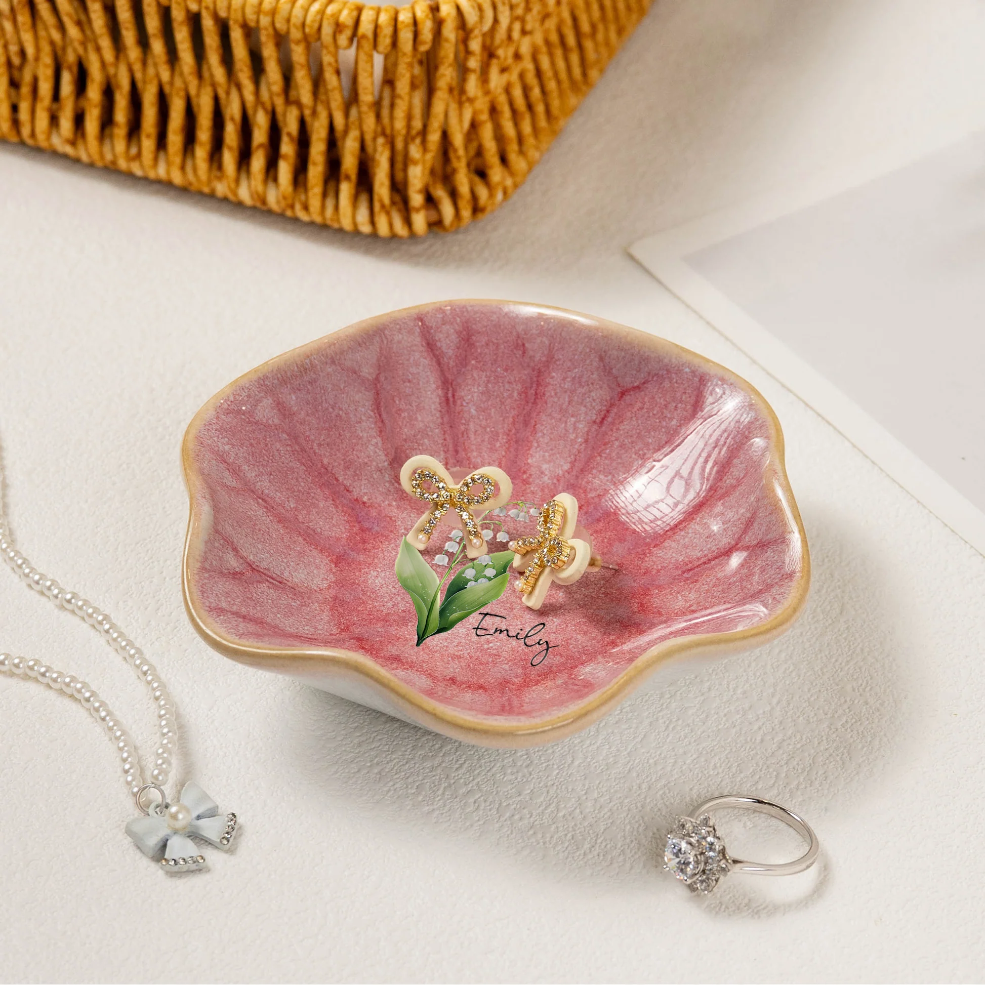 Personalized Ceramic Jewelry Dish for Women - Floral Design Keepsake Jewelry MagicInPrints