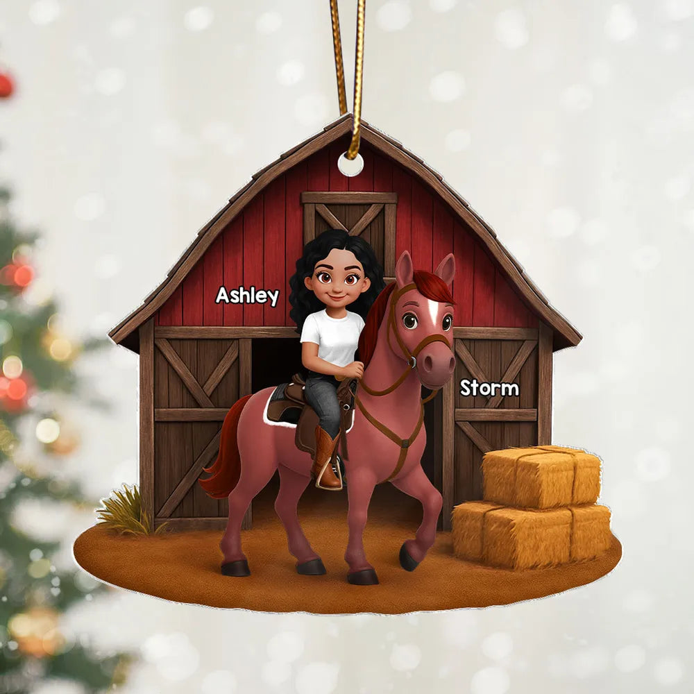 Personalized Horse Riding Ornament for Kids - Custom Name Barn Scene Ornament MagicInPrints