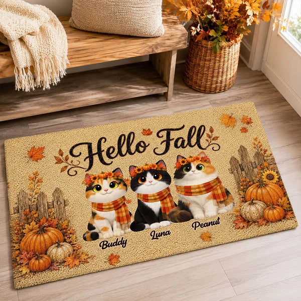 Personalized Doormat with Cats and Pumpkins | Housewarming Gift for Cat Owners