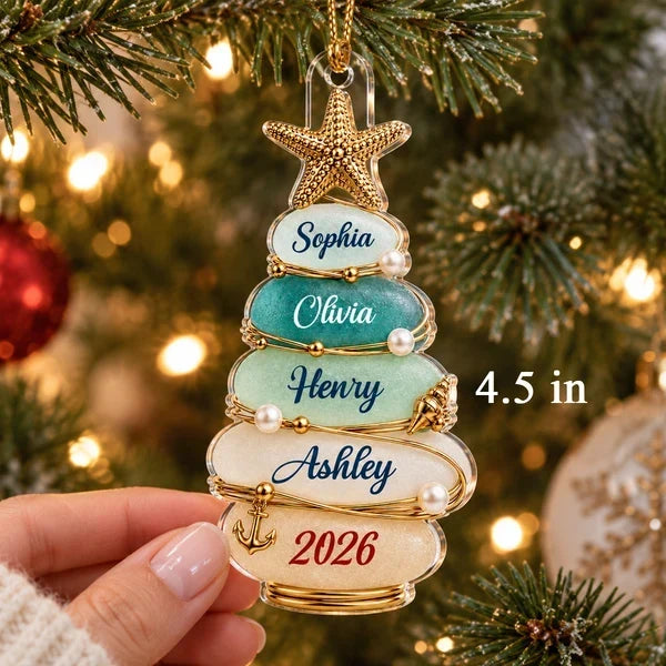 Personalized Coastal Acrylic Ornament with Christmas Tree & Starfish Family Gift
