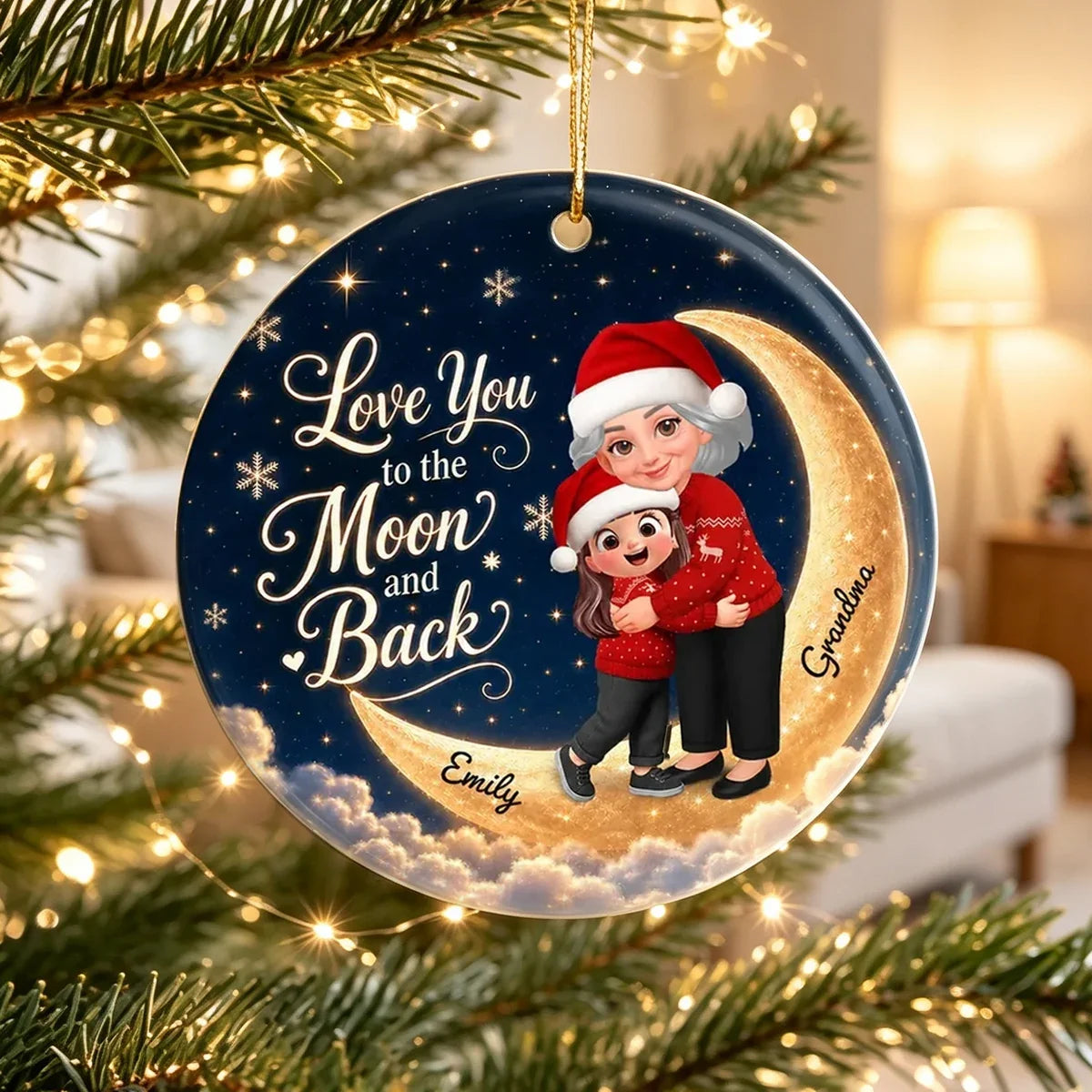 Personalized Ceramic Christmas Ornament for Grandma & Granddaughter - Navy Gold Moon Gift