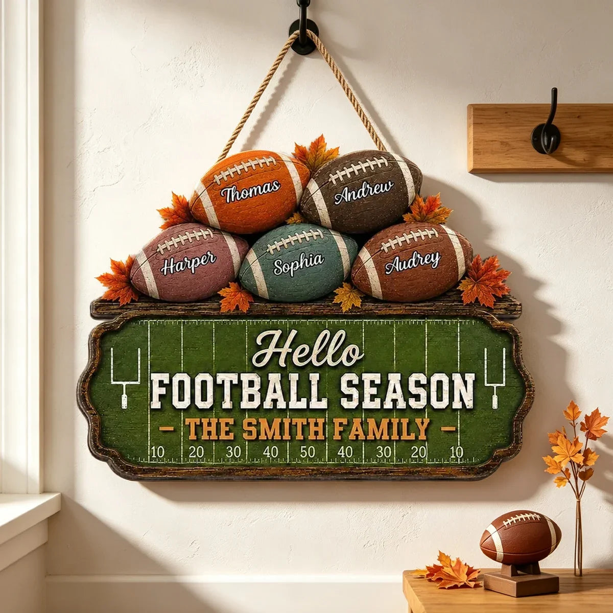 Personalized Rustic Wooden Football Family Sign Gift for Sports Fans