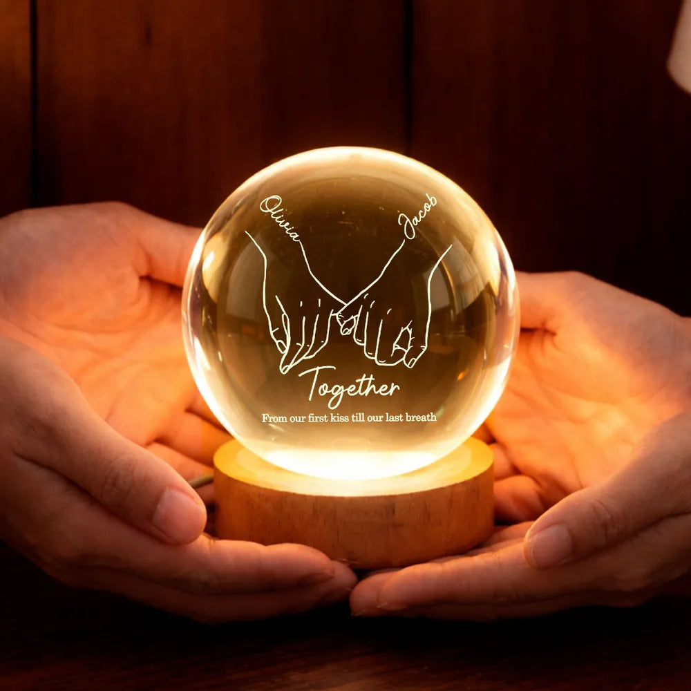 Personalized LED Crystal Ball Lamp for Couples with Hand Holding Design - Romantic Gift Lamp MagicInPrints